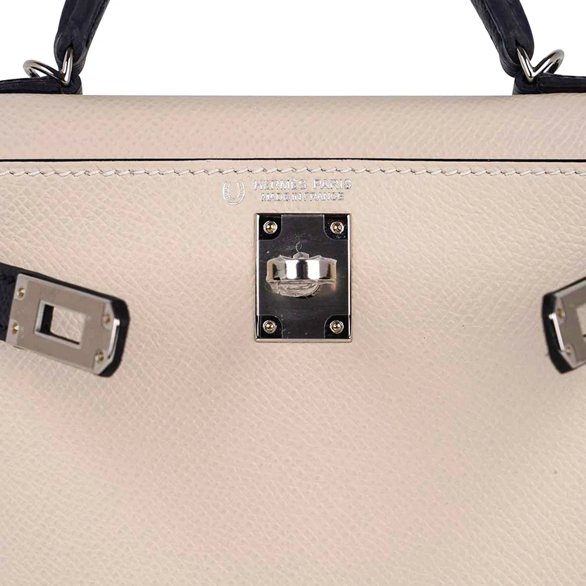 Special Order HSS Mini Kelly 20 Bag Sellier Craie & Blue Indigo Epsom Leather with Palladium Hardware