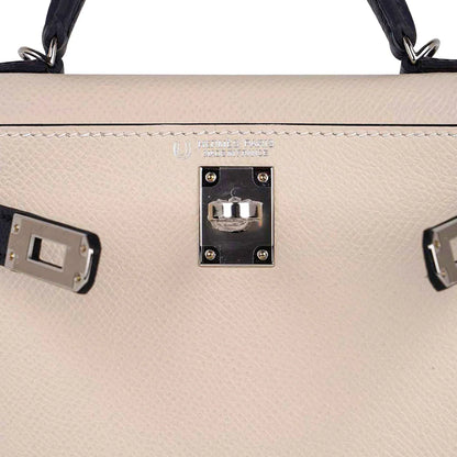 Special Order HSS Mini Kelly 20 Bag Sellier Craie & Blue Indigo Epsom Leather with Palladium Hardware