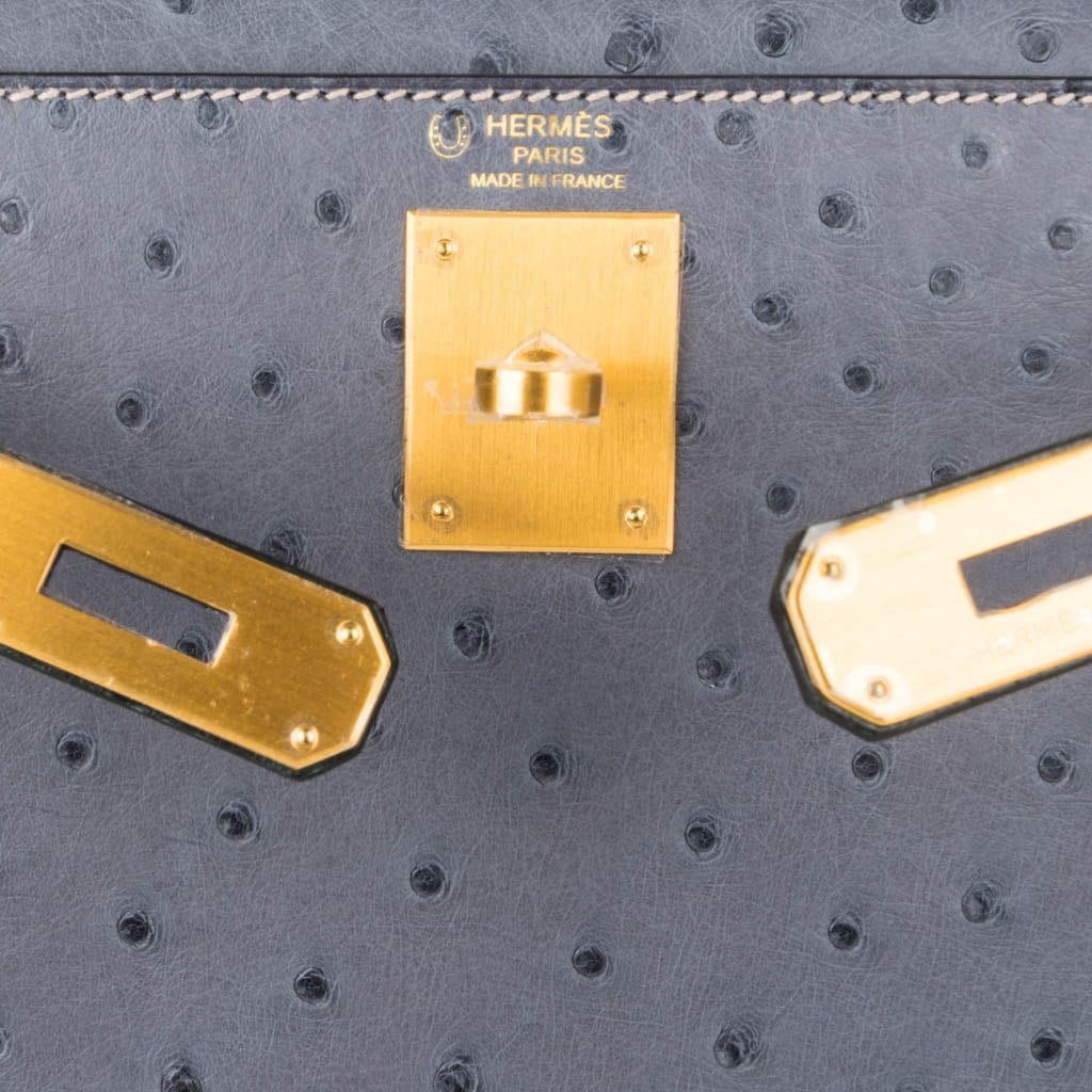 Kelly Sellier 28 HSS Bag Gris Agate / Vert Titien Ostrich Gold Hardware