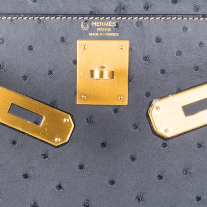 Kelly Sellier 28 HSS Bag Gris Agate / Vert Titien Ostrich Gold Hardware