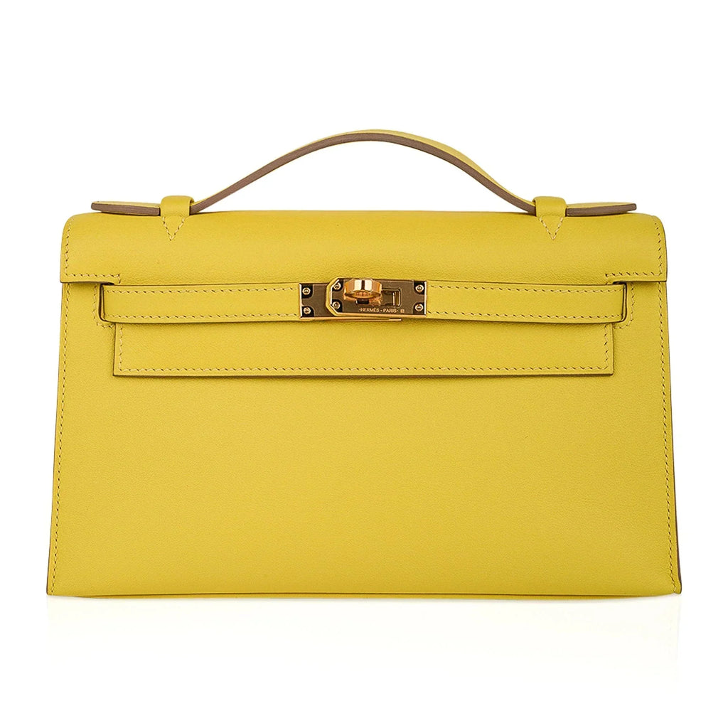 Kelly Pochette Bag Lime Clutch Gold Hardware Swift Leather