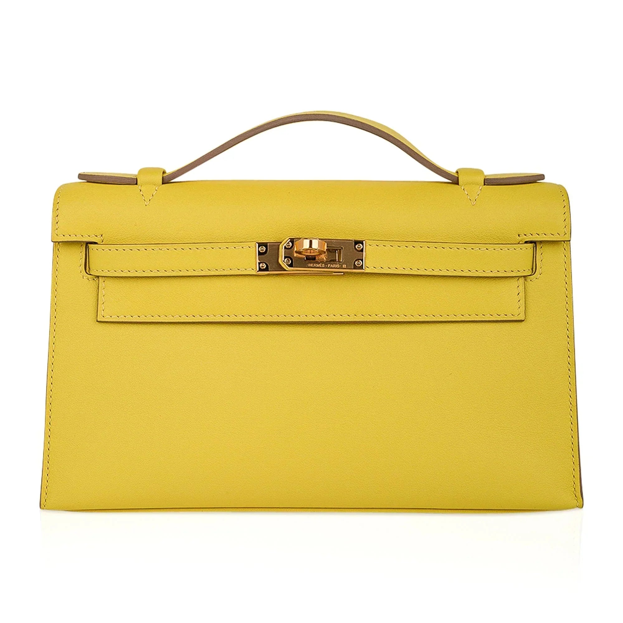 Kelly Pochette Bag Lime Clutch Gold Hardware Swift Leather