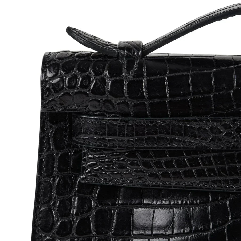 Kelly Pochette Bag Matte Black Crocodile Clutch Palladium