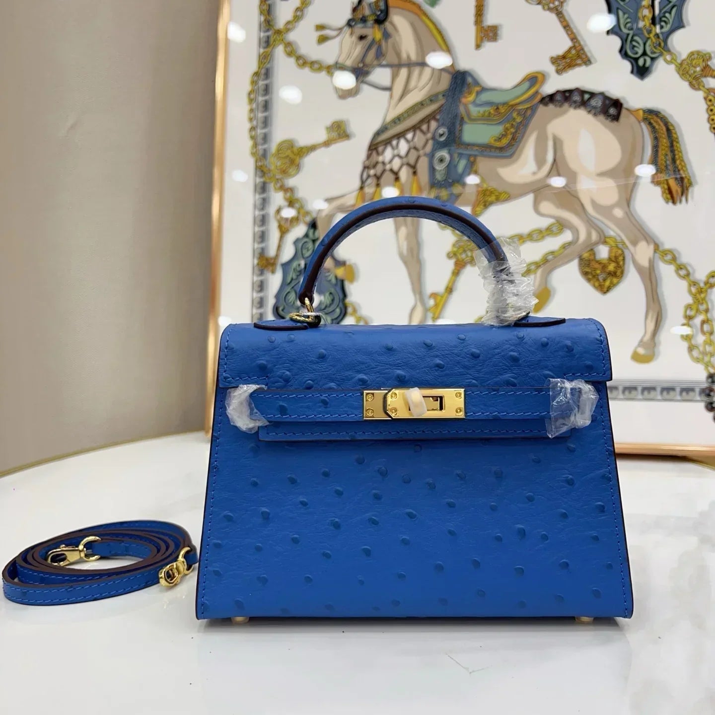 Kelly Mini II Blue Sapphire Ostrich Gold Hardware