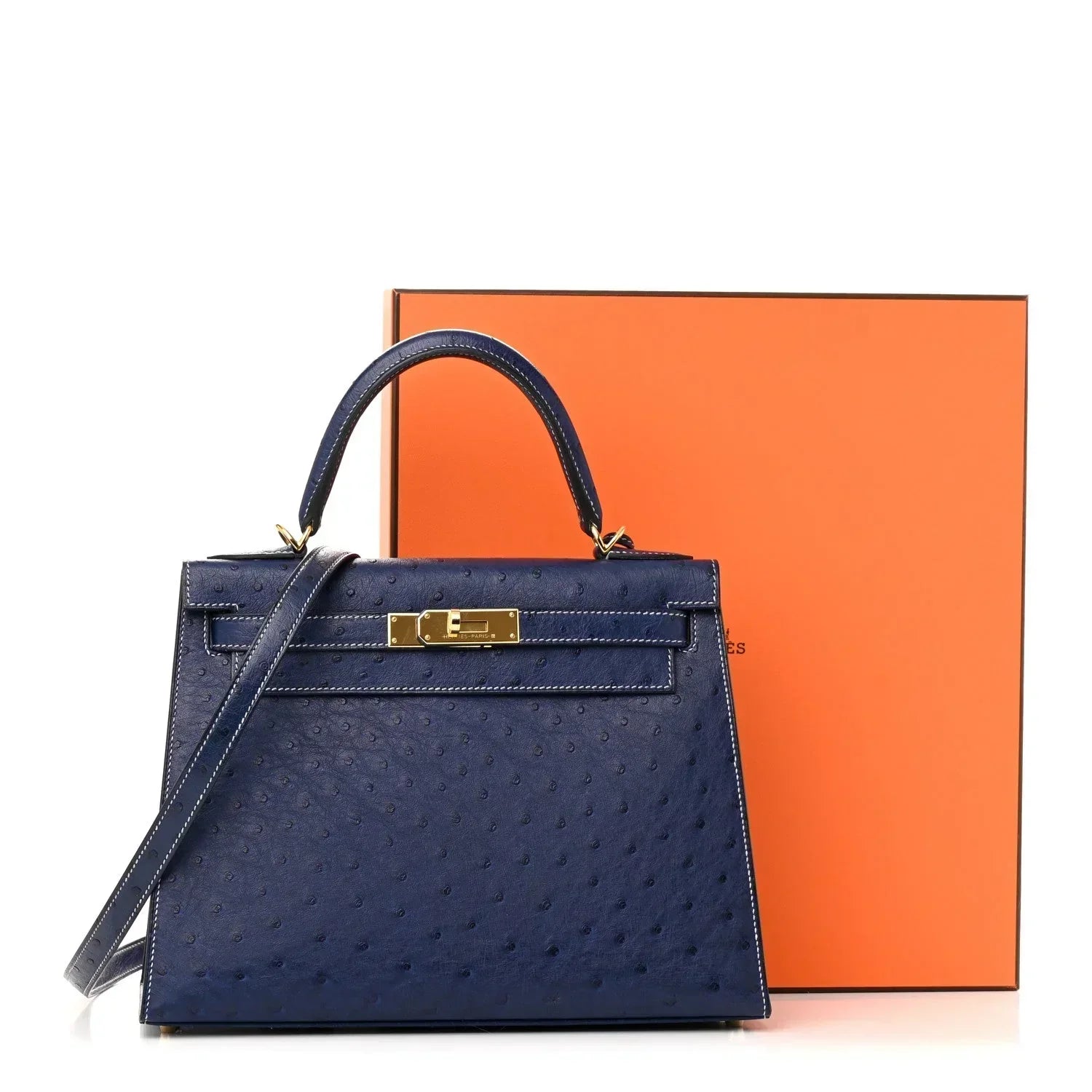 Kelly 25 Bleu Iris Sellier Ostrich Gold Hardware