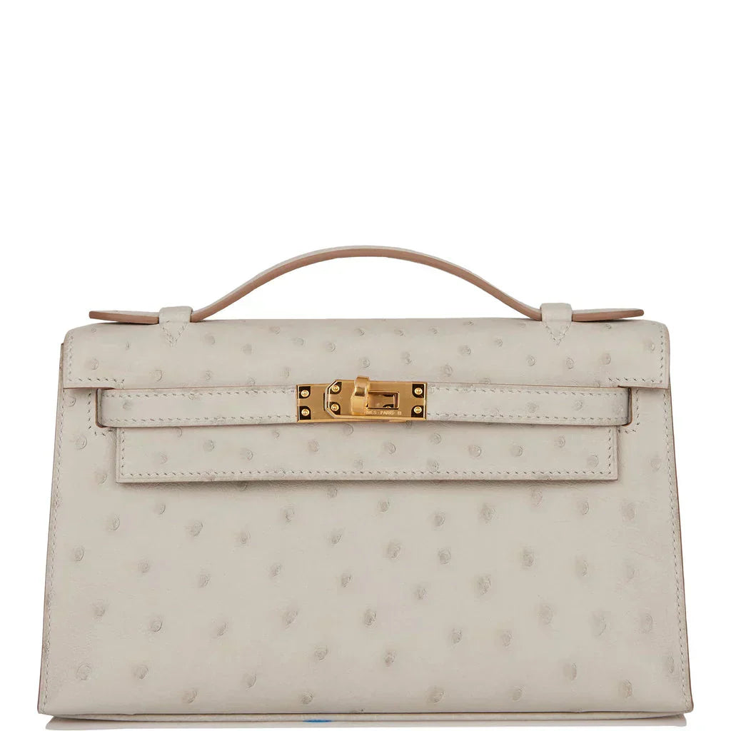 Kelly Pochette Gris Perle Ostrich Gold Hardware