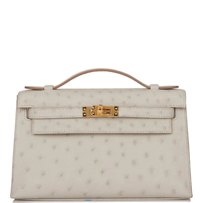 Kelly Pochette Gris Perle Ostrich Gold Hardware
