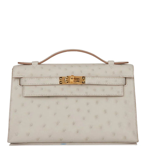 Kelly Pochette Gris Perle Ostrich Gold Hardware