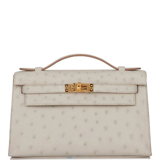 Kelly Pochette Gris Perle Ostrich Gold Hardware