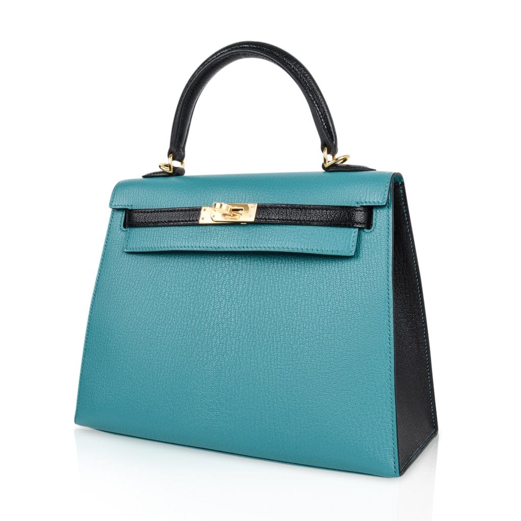Kelly 25 Sellier Bag HSS Blue Paon / Black Chevre Mysore Gold Hardware