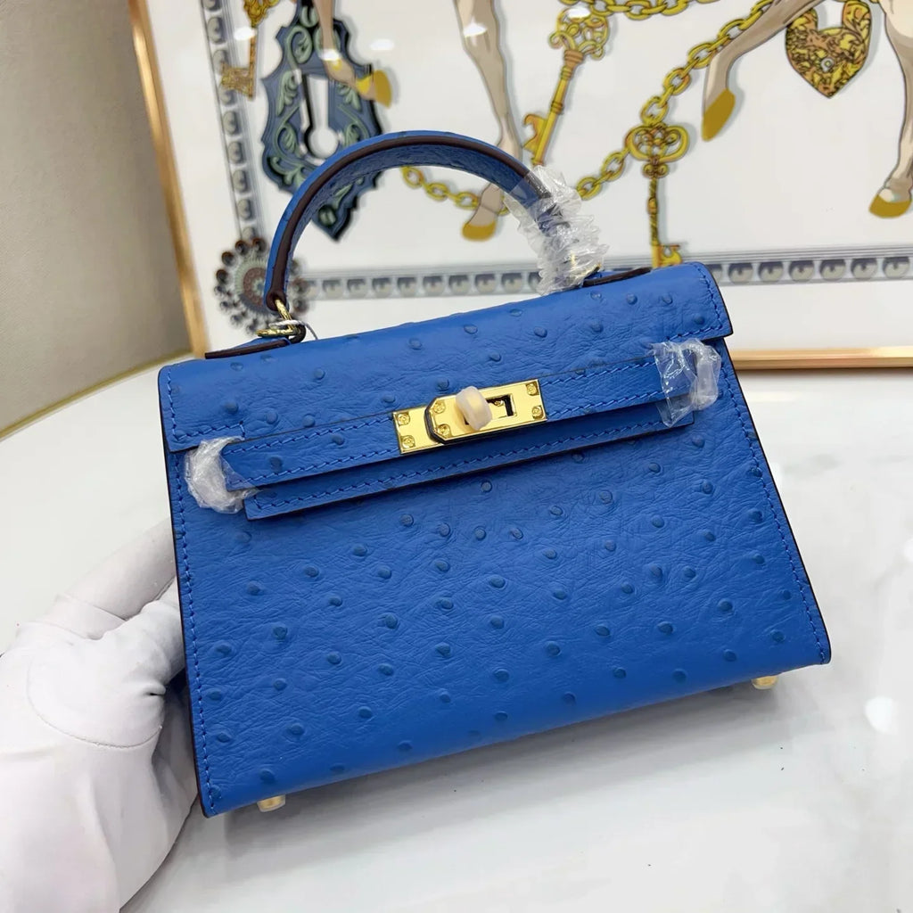 Kelly Mini II Blue Sapphire Ostrich Gold Hardware