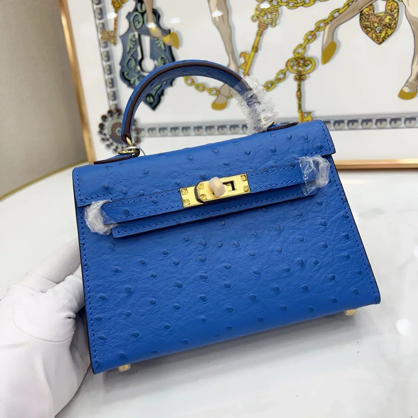 Kelly Mini II Blue Sapphire Ostrich Gold Hardware