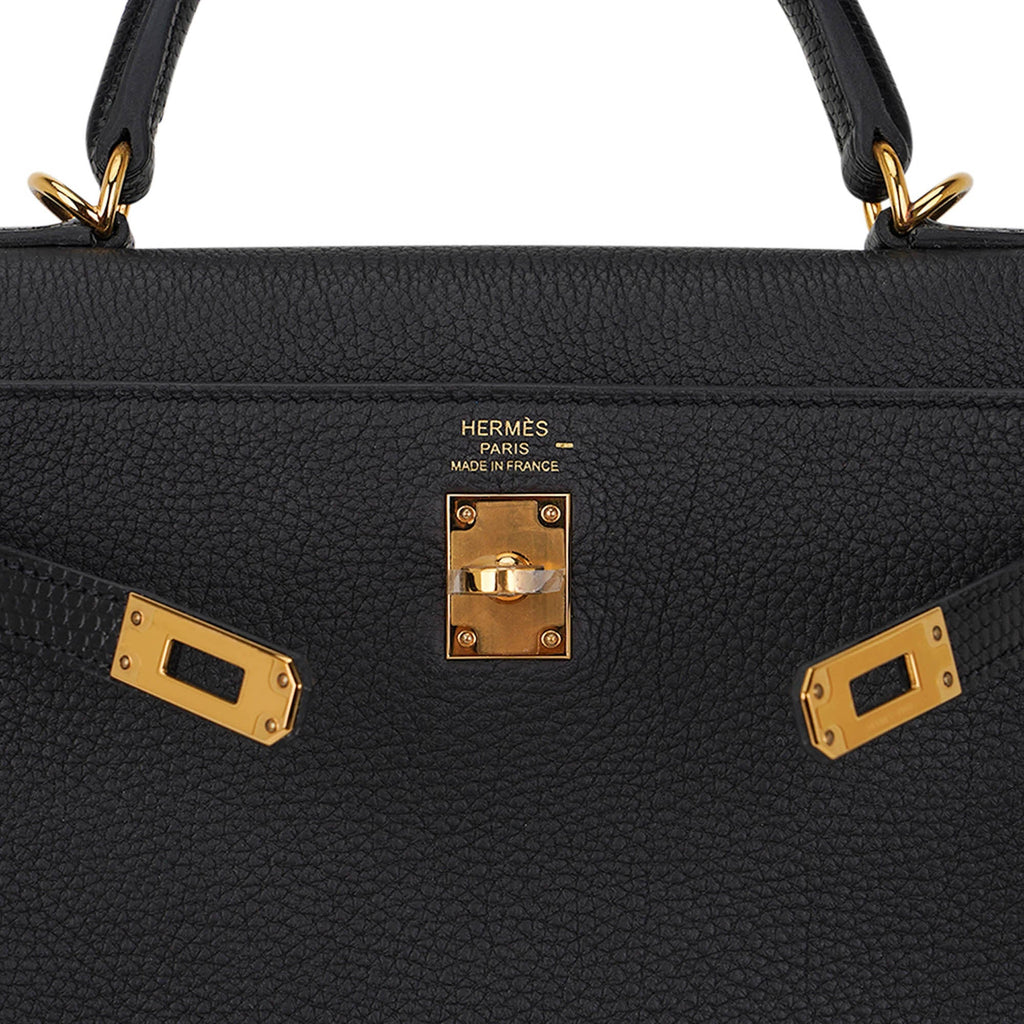 Kelly Touch 25 Retourne Bag Black Lizard Togo Leather Gold Hardware