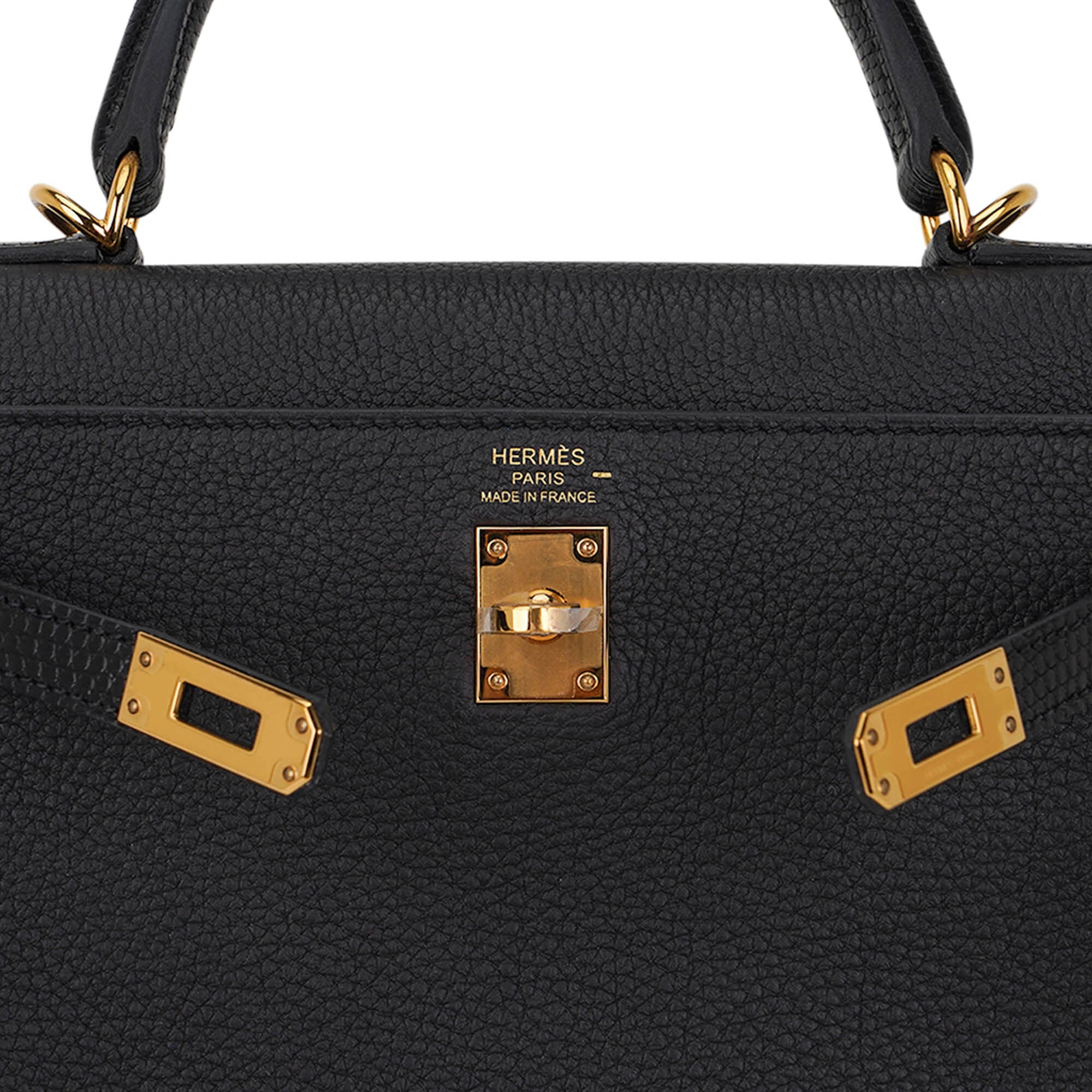 Kelly Touch 25 Retourne Bag Black Lizard Togo Leather Gold Hardware