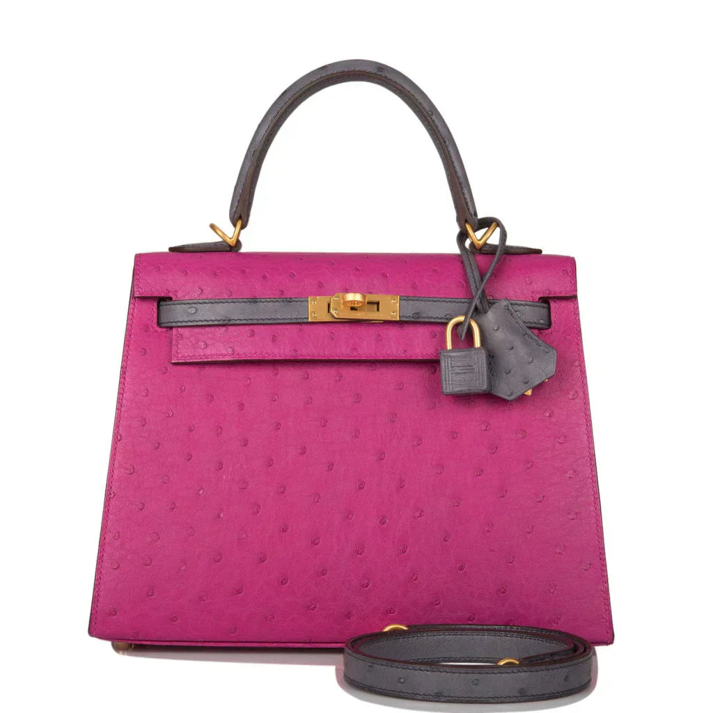 Kelly Sellier 25 Rose Pourpre and Gris Agate Ostrich Brushed Gold Hardware