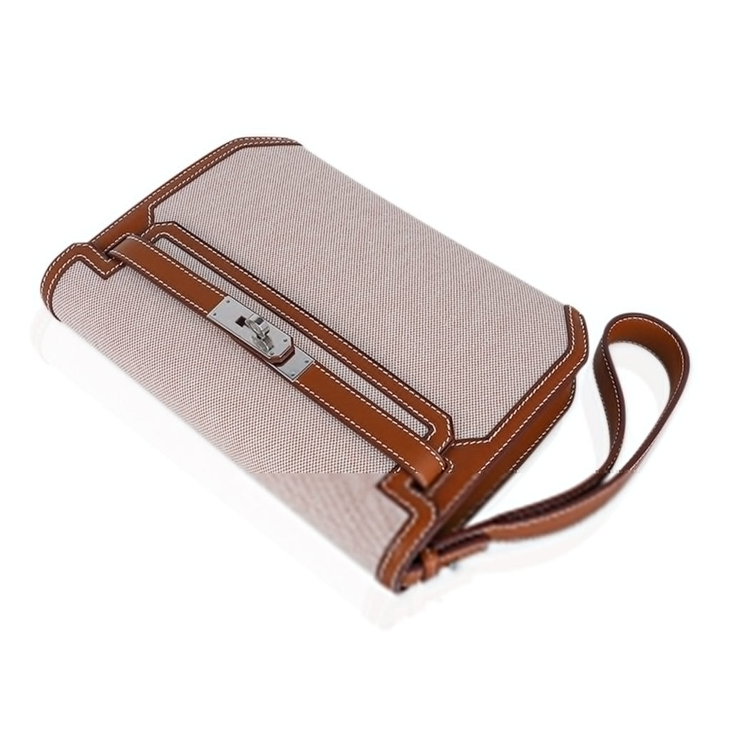 Kelly Depeches 25 Pouch Toile & Fauve Barenia Trim with Palladium Hardware