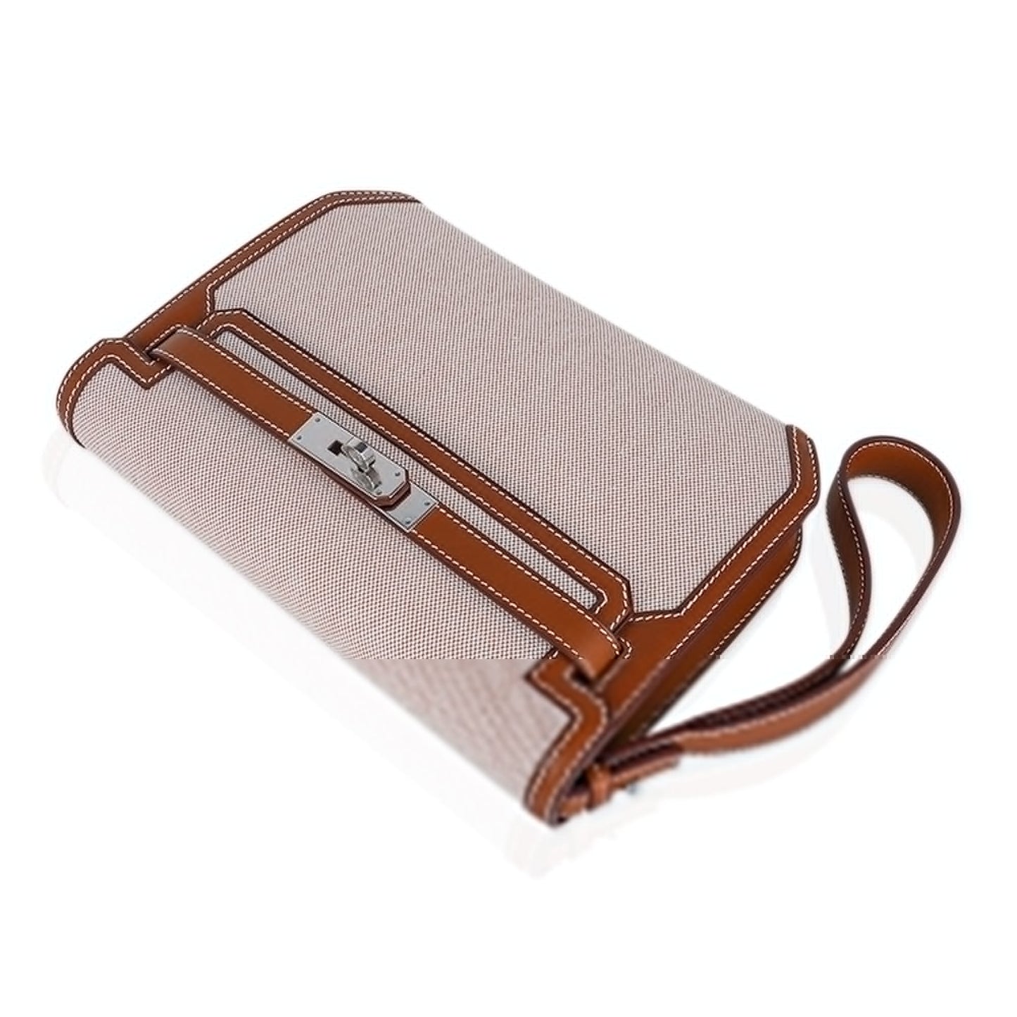 Kelly Depeches 25 Pouch Toile & Fauve Barenia Trim with Palladium Hardware