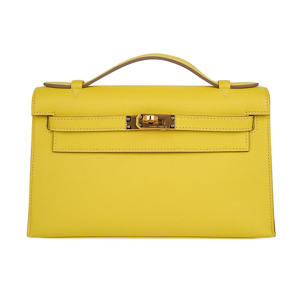 Kelly Pochette Bag Lime Clutch Gold Hardware Swift Leather