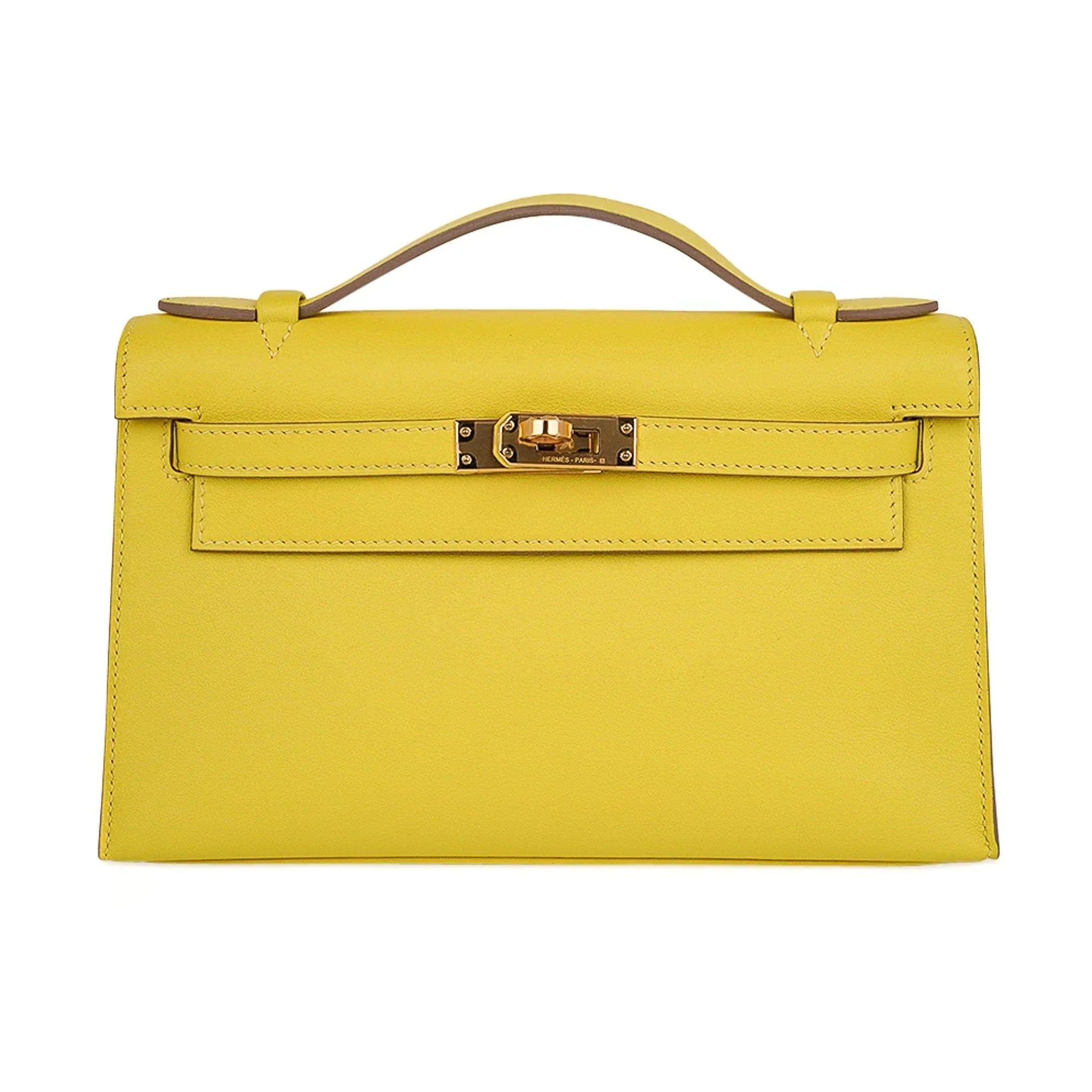 Kelly Pochette Bag Lime Clutch Gold Hardware Swift Leather