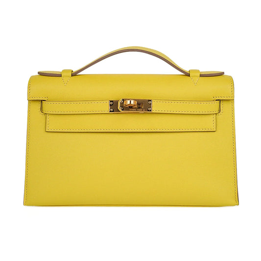 Kelly Pochette Bag Lime Clutch Gold Hardware Swift Leather