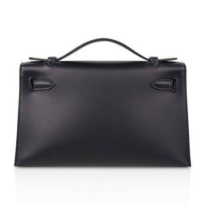 Kelly Pochette Bag Black Swift Leather with Gold Hardware