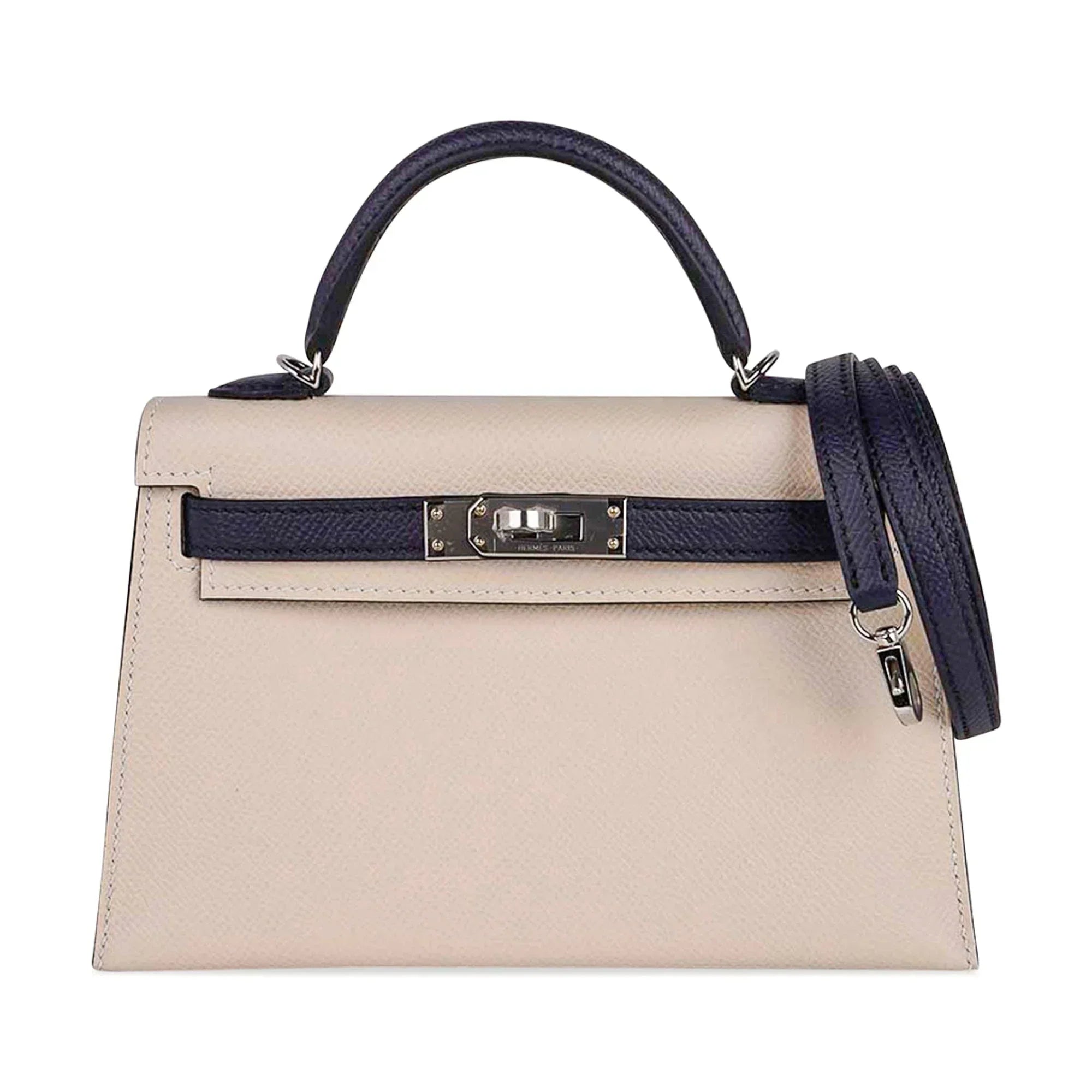 Special Order HSS Mini Kelly 20 Bag Sellier Craie & Blue Indigo Epsom Leather with Palladium Hardware