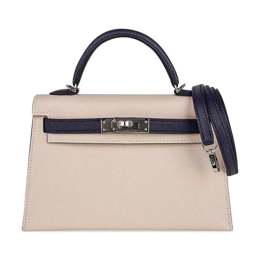 Special Order HSS Mini Kelly 20 Bag Sellier Craie & Blue Indigo Epsom Leather with Palladium Hardware