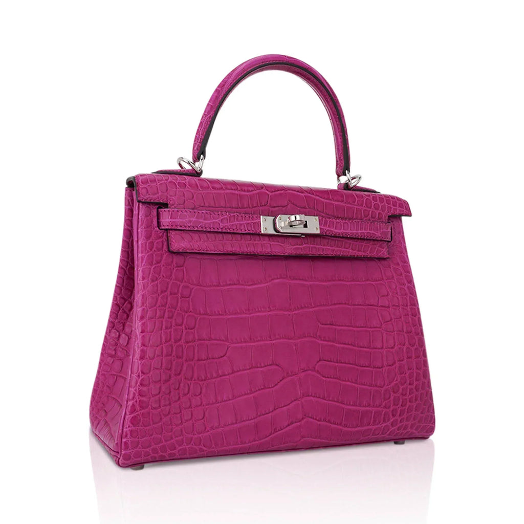 Kelly 25 Retourne Bag Rose Scheherazade Matte Alligator with Palladium Hardware