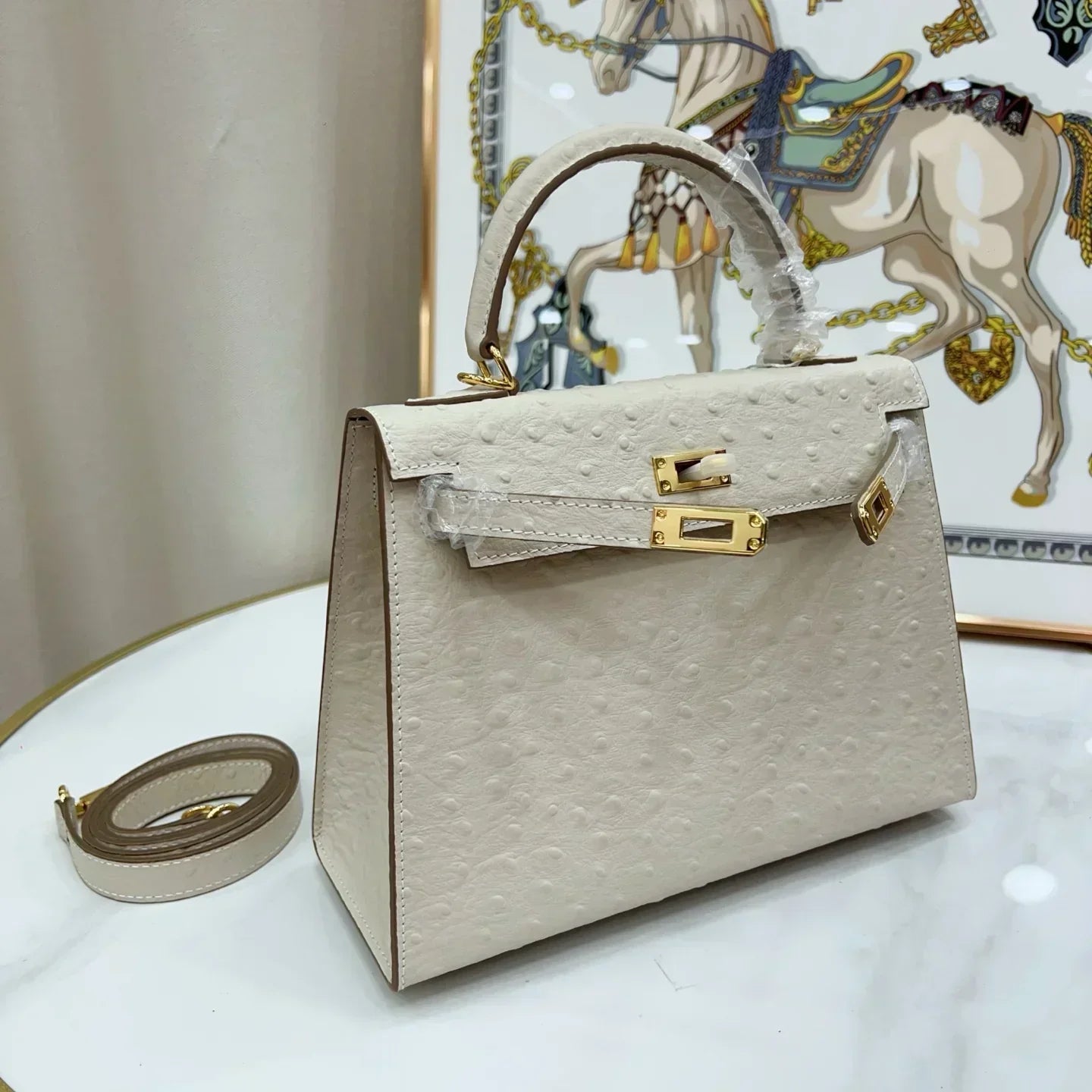 Kelly With Beton Ostrich Sellier Gold Harrdware
