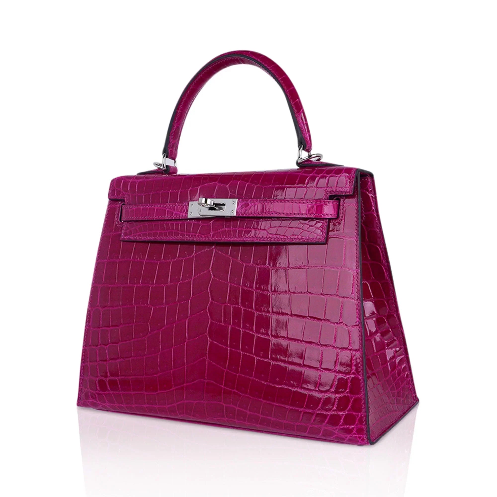 Kelly 25 Sellier Bag Rose Pourpre Crocodile with Palladium Hardware