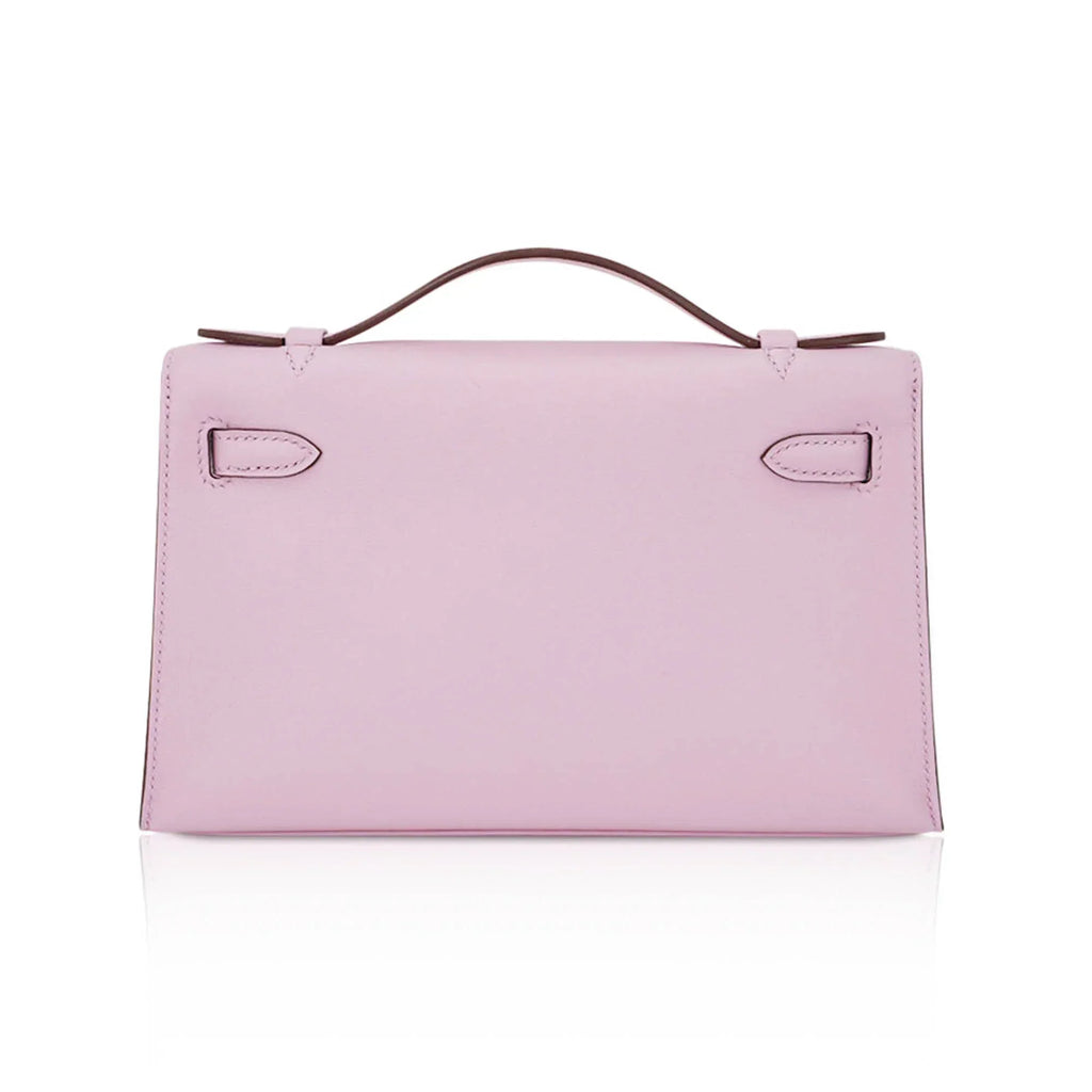 Kelly Pochette Clutch Bag Mauve Sylvestre Swift Leather with Rose Gold Hardware