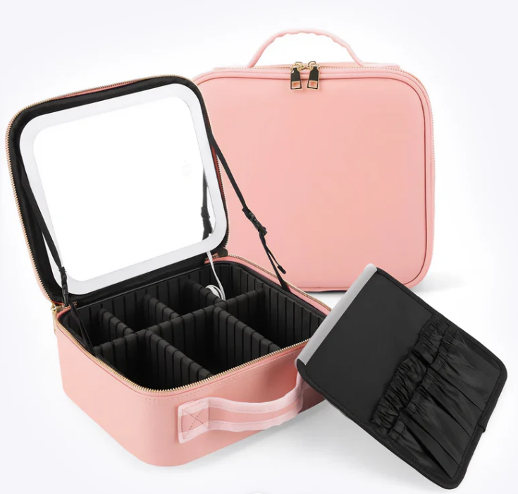 Travel Makeup Case with Built-In LED Light Mirror