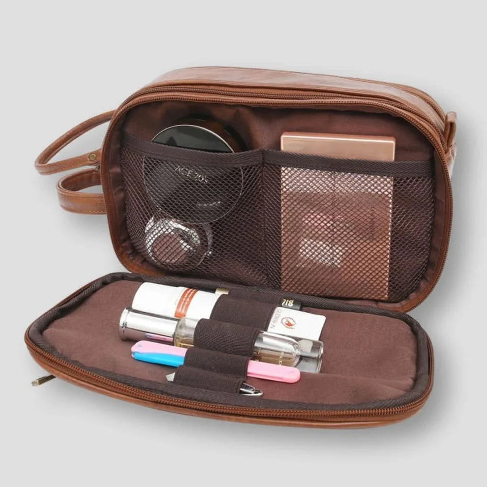 Vintage Leather Multi-Pocket Travel Toiletry Bag