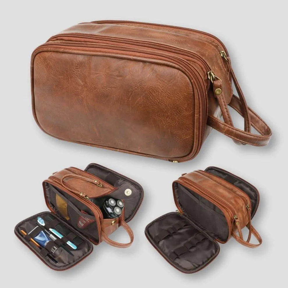 Vintage Leather Multi-Pocket Travel Toiletry Bag