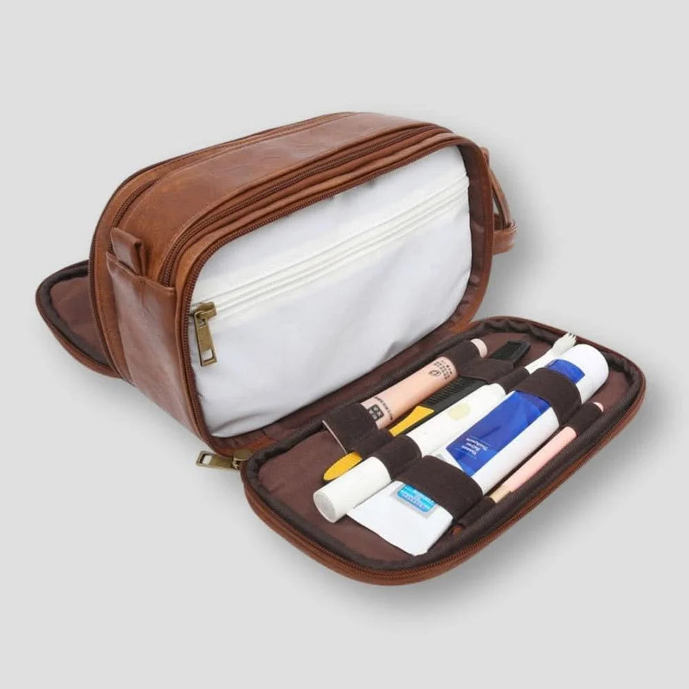 Vintage Leather Multi-Pocket Travel Toiletry Bag