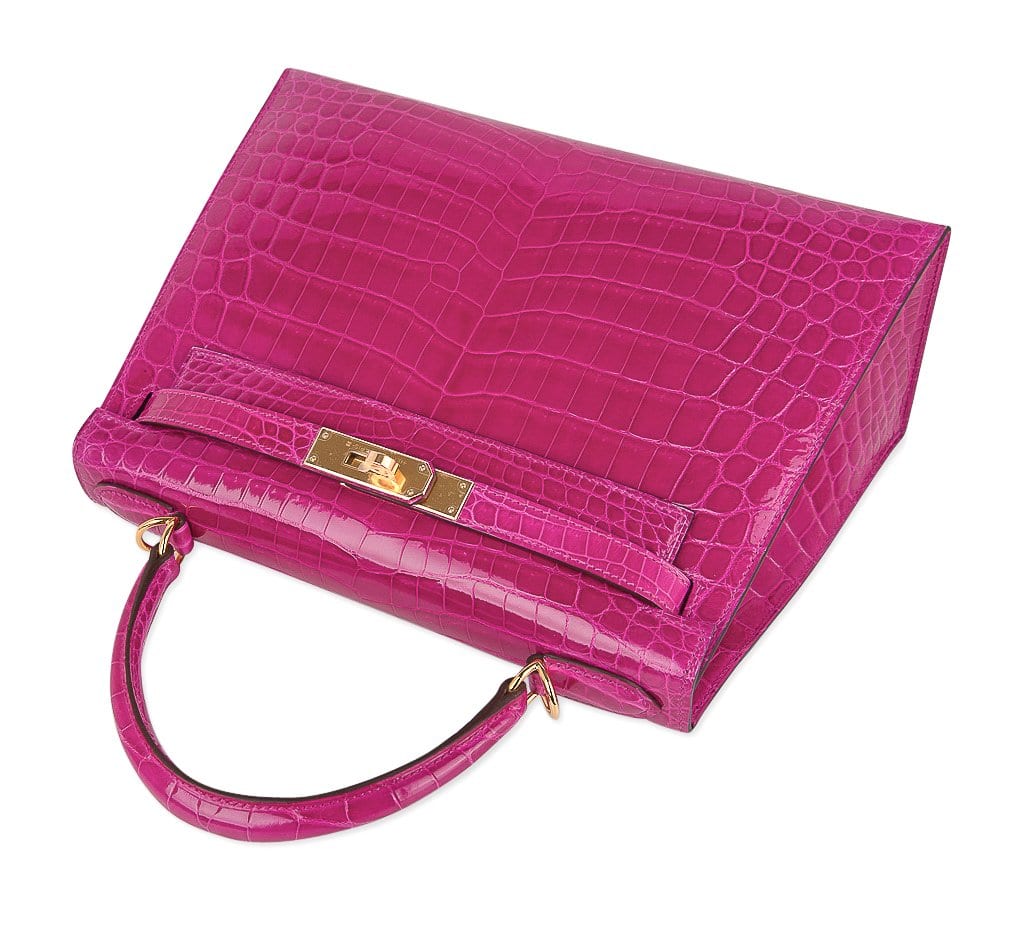 Kelly 28 Sellier Bag Rose Scheherazade Crocodile Gold Hardware