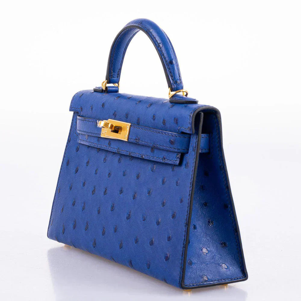 Kelly Mini II Blue Sapphire Ostrich Gold Hardware
