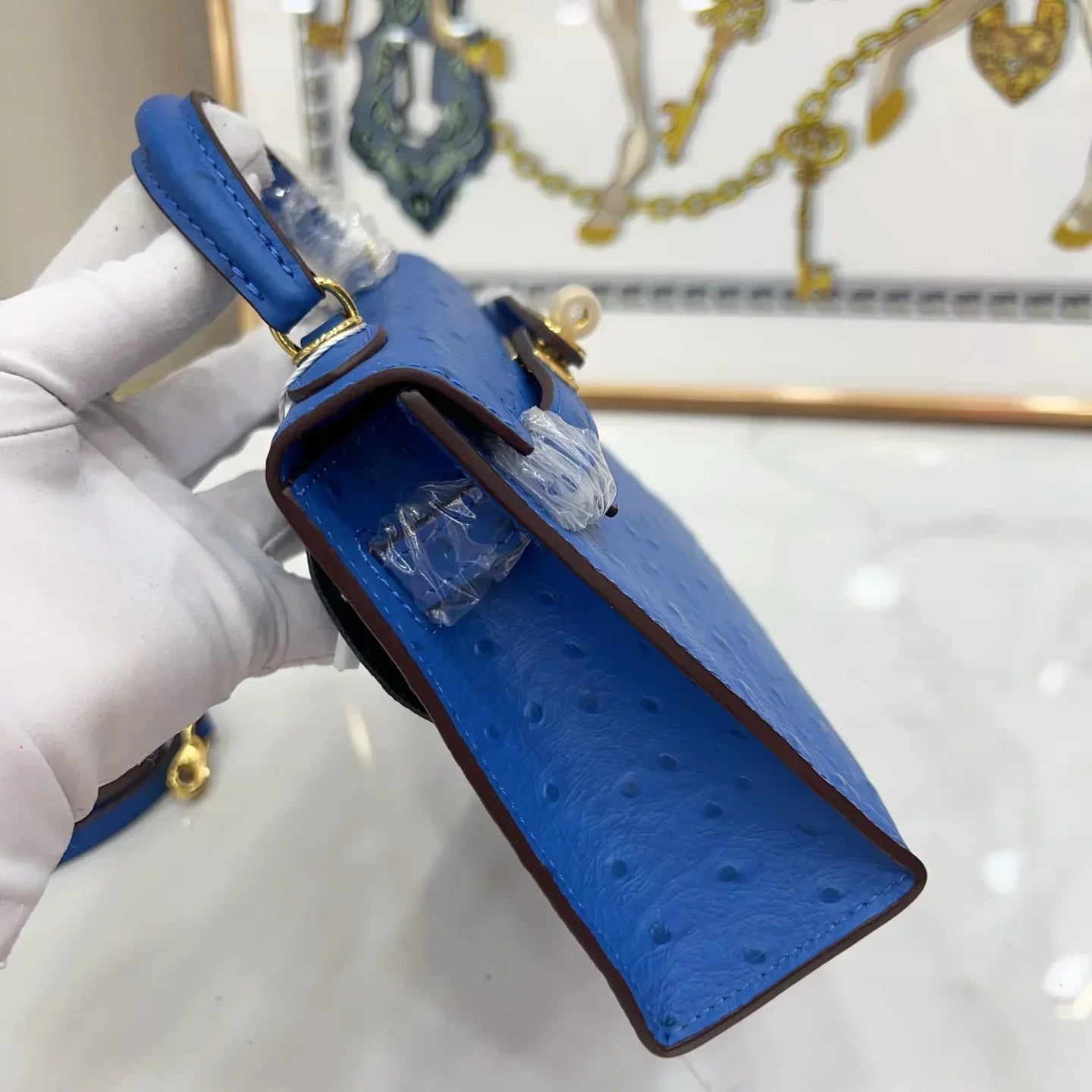 Kelly Mini II Blue Sapphire Ostrich Gold Hardware