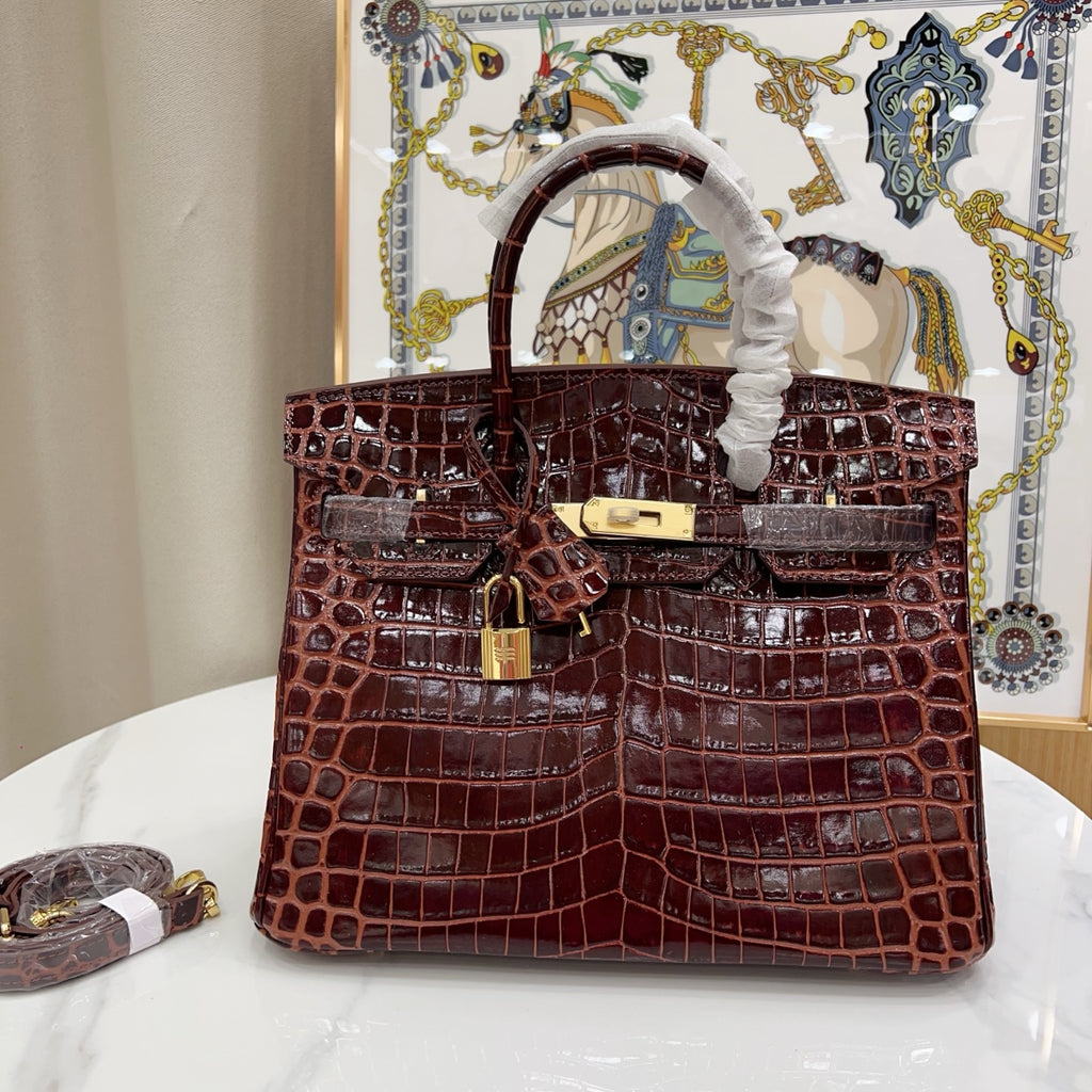 Birkin Style 25/30 Retourne in Rouge H Crocodile-Embossed Leather (Gold Hardware)