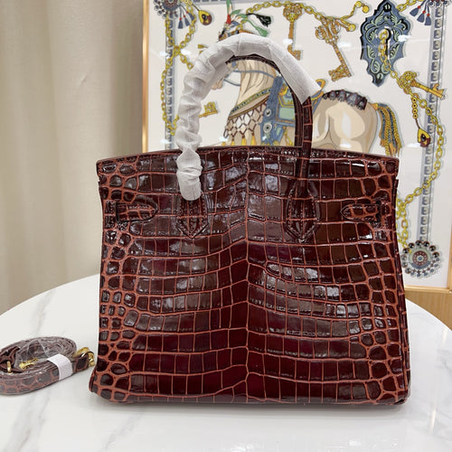 Birkin Style 25/30 Retourne in Rouge H Crocodile-Embossed Leather (Gold Hardware)