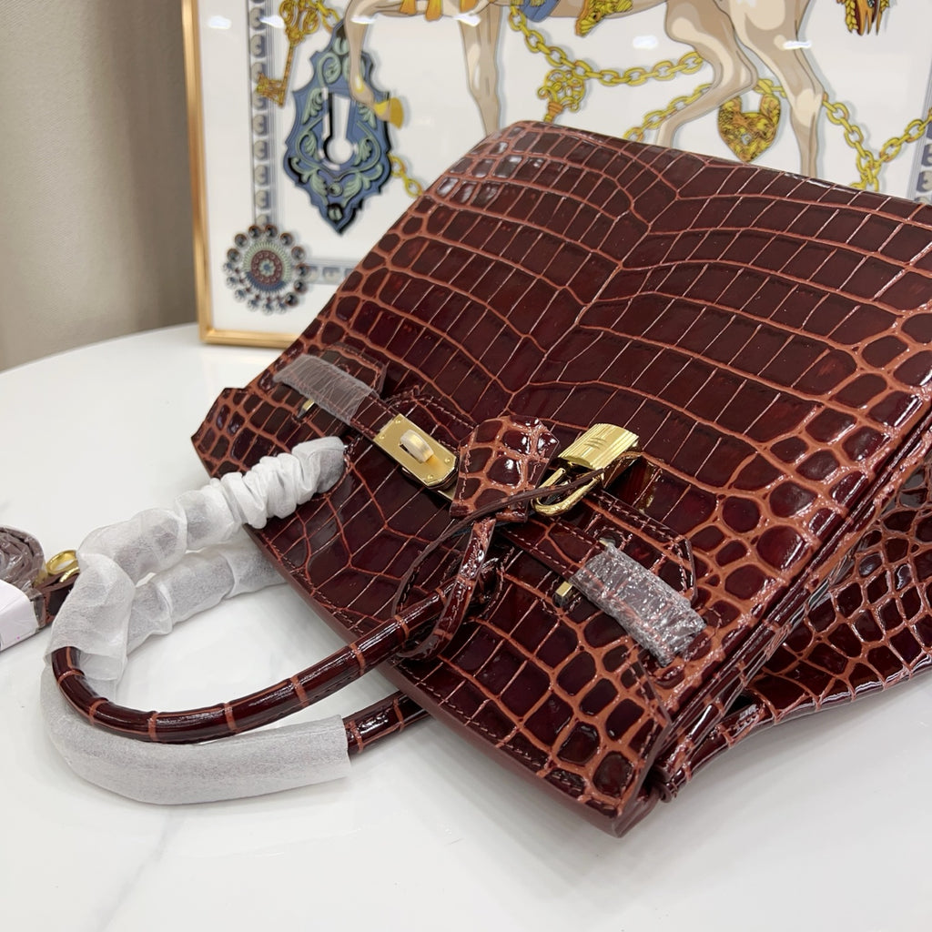 Birkin Style 25/30 Retourne in Rouge H Crocodile-Embossed Leather (Gold Hardware)