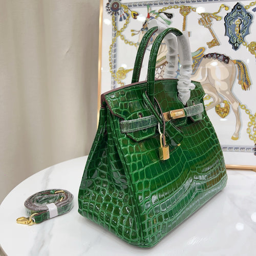 Birkin Style 25/30/35 Retourne in Vert Émeraude Crocodile-Embossed Leather (Gold Hardware)