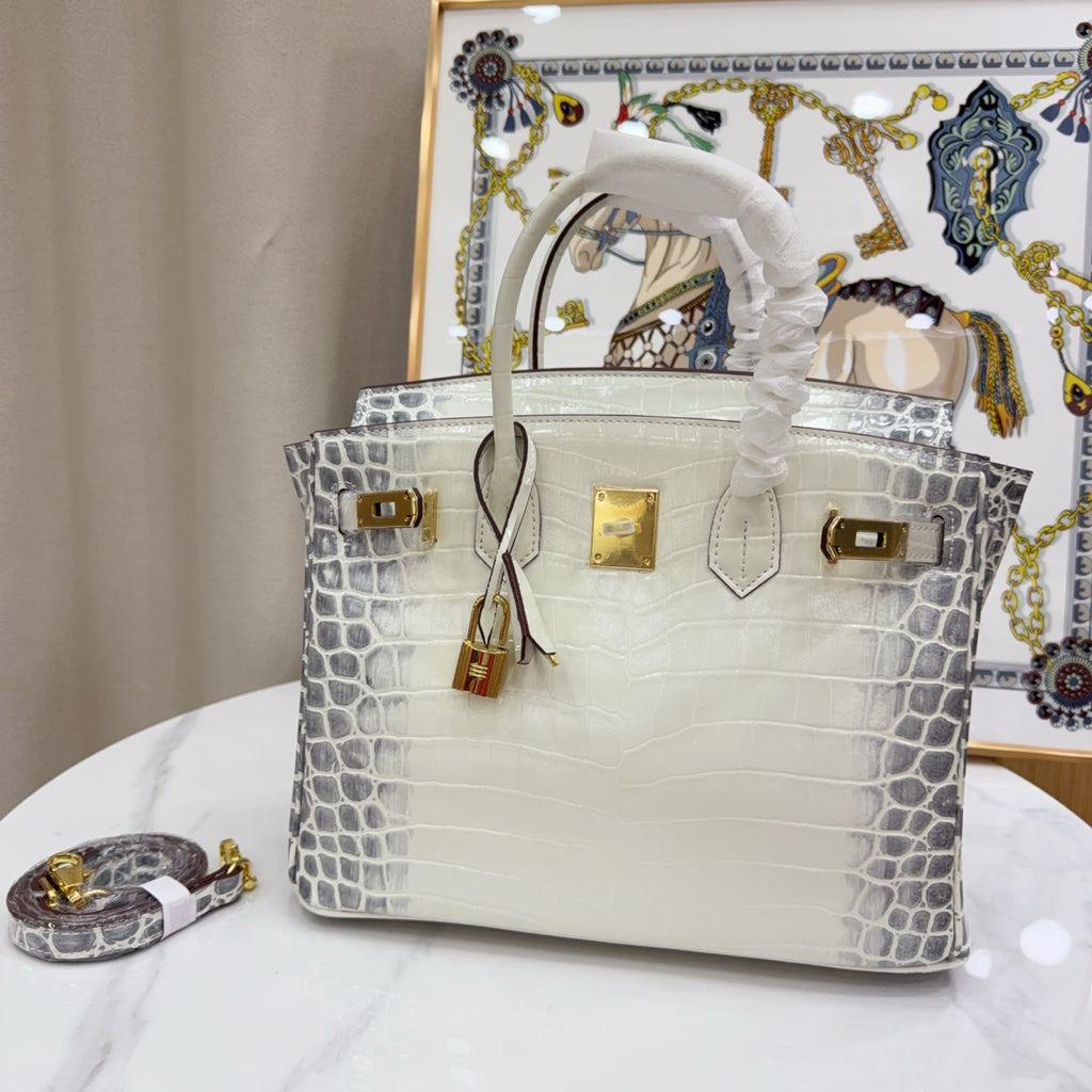 Birkin Style 25/30/35 Retourne in Himalaya Crocodile-Embossed Leather (Gold Hardware)