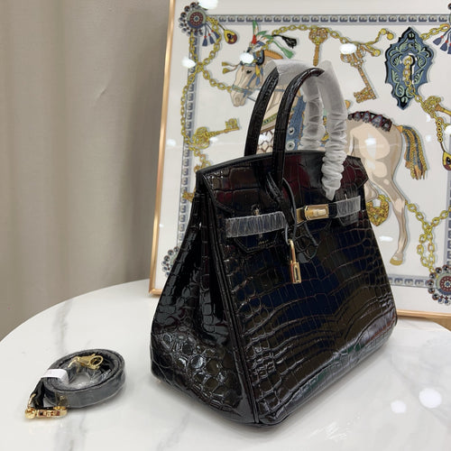 Birkin Style 25/30/35 Retourne in Noir Crocodile-Embossed Leather (Gold Hardware)