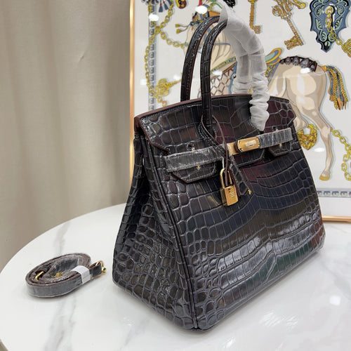 Birkin Style 25/30/35 Retourne in Etoupe Crocodile-Embossed Leather (Gold Hardware)