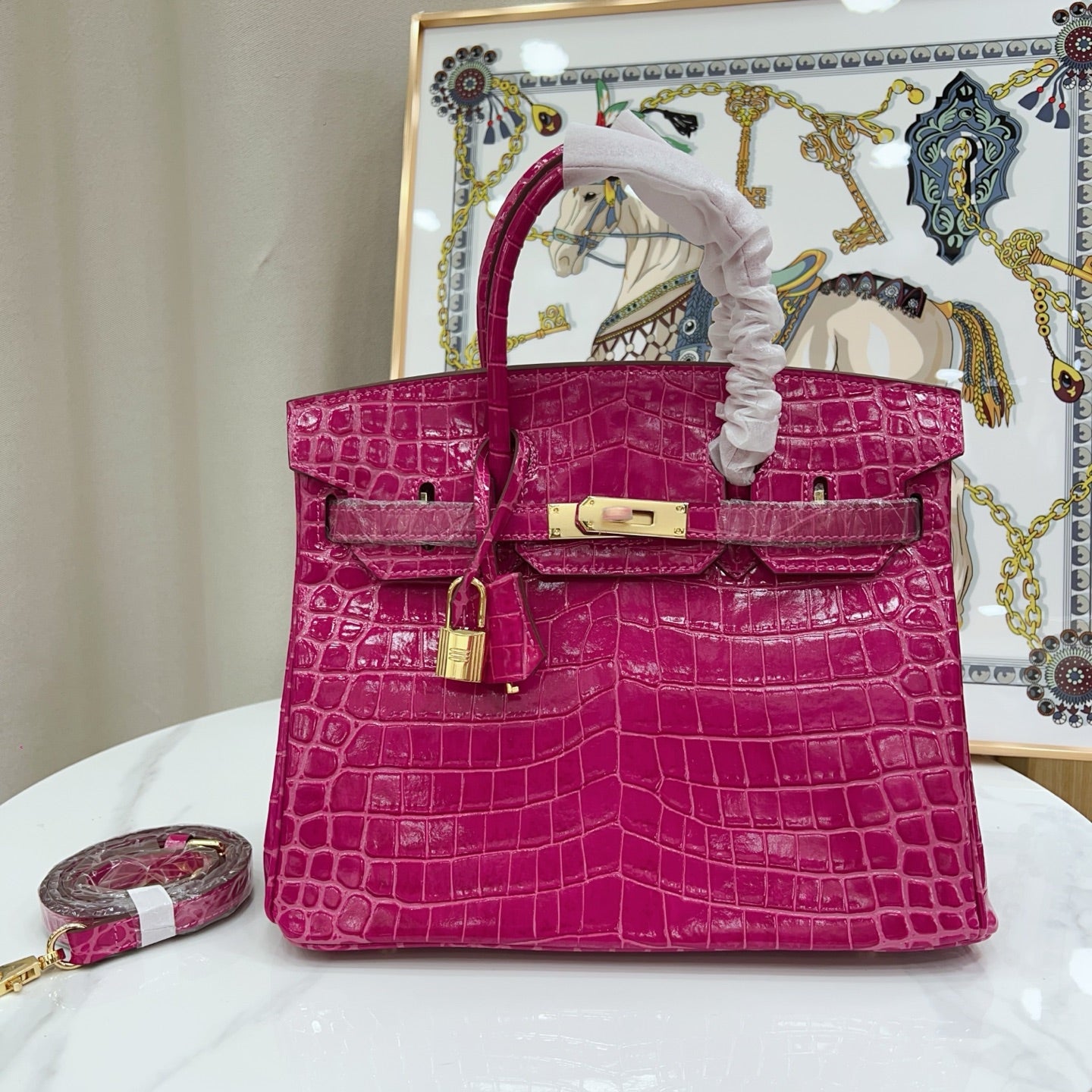 Birkin Style 25/30/35 Retourne in Rose Schéhérazade Crocodile-Embossed Leather (Gold Hardware)