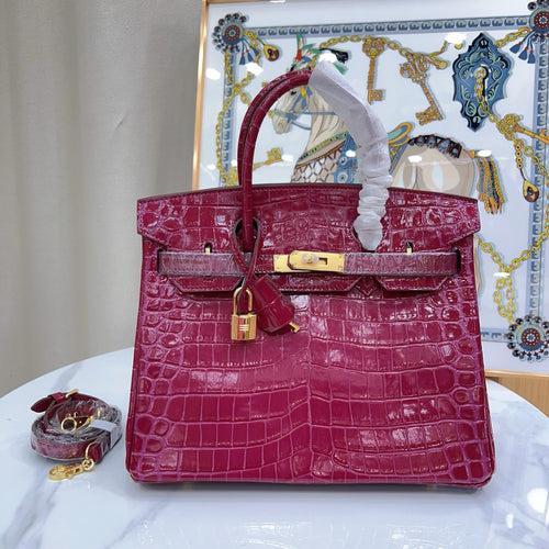 Birkin Style 25/30/35 Retourne in Rubis Crocodile-Embossed Leather (Gold Hardware)