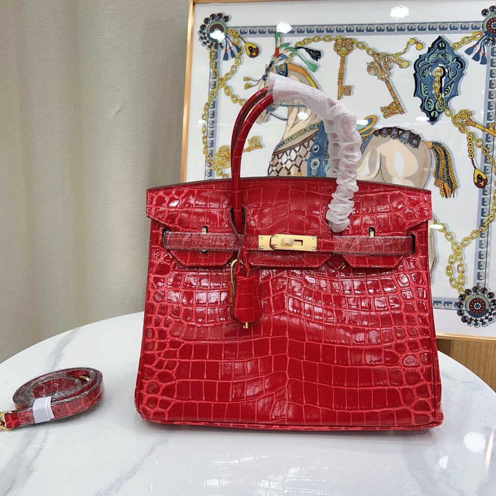 Birkin Style 25/30/35 Retourne in Rouge Vif Crocodile-Embossed Leather (Gold Hardware)