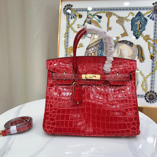 Birkin Style 25/30/35 Retourne in Rouge Vif Crocodile-Embossed Leather (Gold Hardware)
