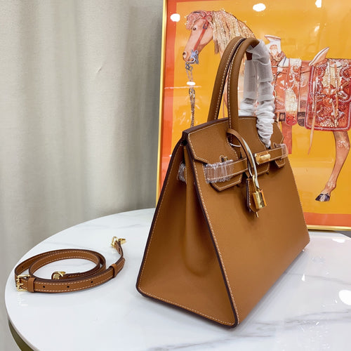 Birkin Style 25/30 Sellier in Gold Epsom Leather with White Stitching (Gold Hardware)